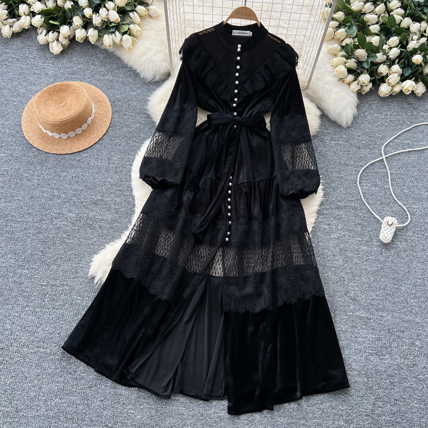 Basic Casual Dresses French Vintage Lace Embroidery Patchwork Velvet Dress Women Long Lantern Sleeve Pearl Buttons Lace Up Wedding Party Prom Vestido