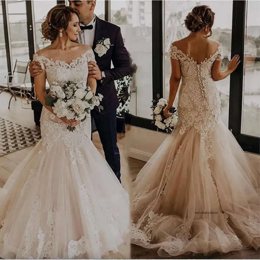 Elegant Off Shoulder Mermaid Dresses Appliques Ivory Lace Beige Tulle Bridal Wedding Gowns Plus Size Bride Dress Vestido De Noiva 0431