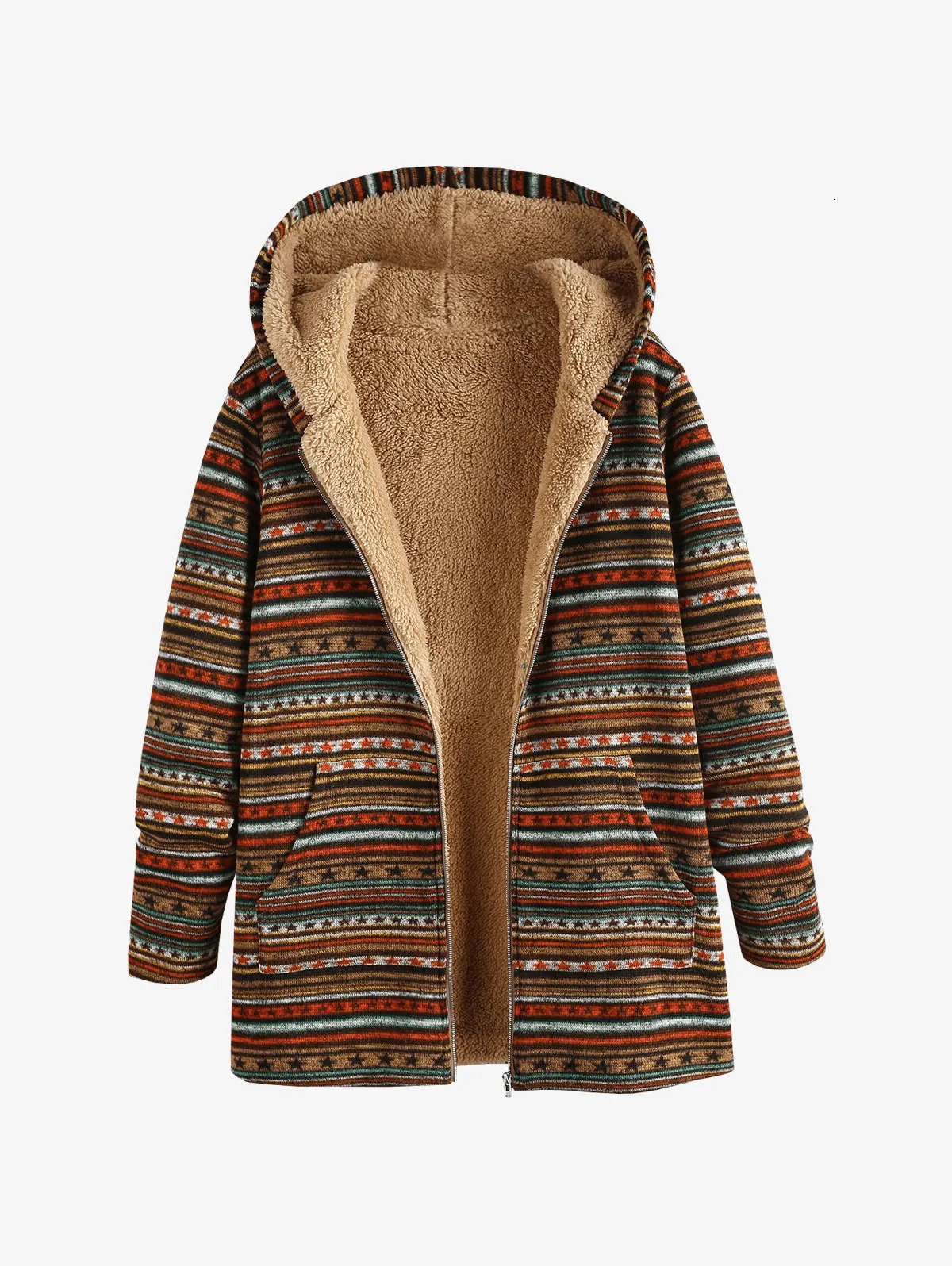 Ethnic Print Faux Fur Lined Hooded Zip Coat Female Long Fuzzy Jacket Winter Clothe Outerwear 241129