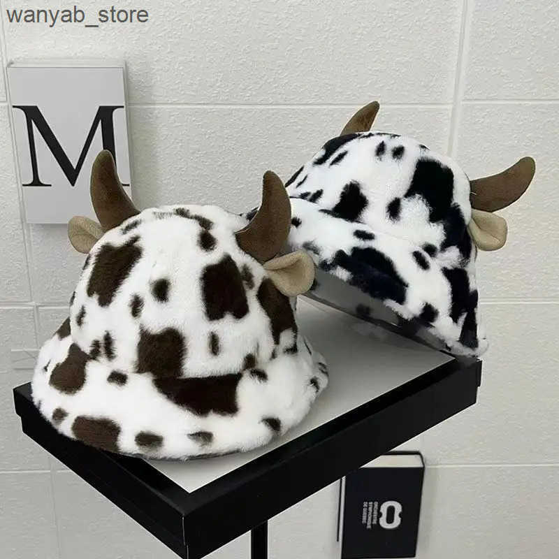 Wide Brim Hats Bucket Autumn and winter new cow print horn fisherman hat female Korean fashion plush thickened warm basin L240910