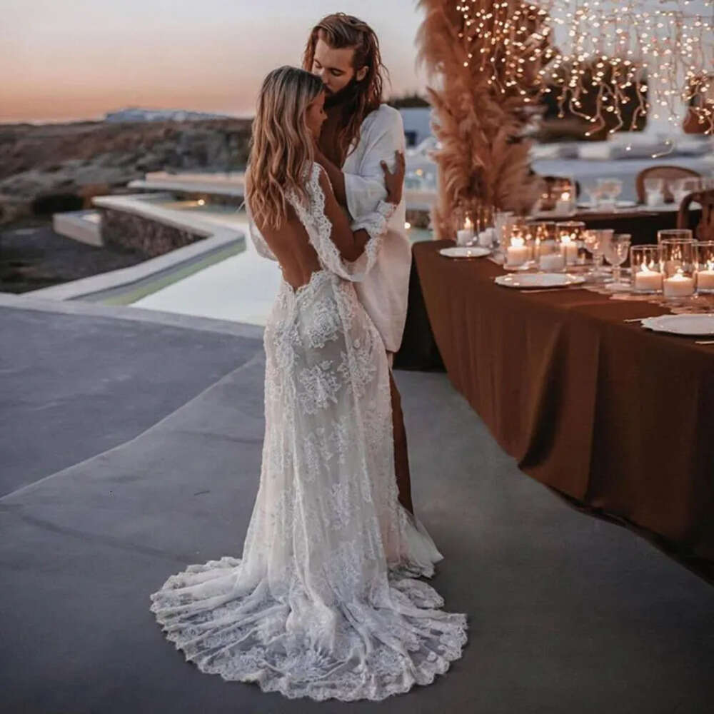 Lace Bohemian V Neck Elegant Dresses Wedding Gown Boho Beach Bridal Dress Long Sleeves Open Back Vestido Novia
