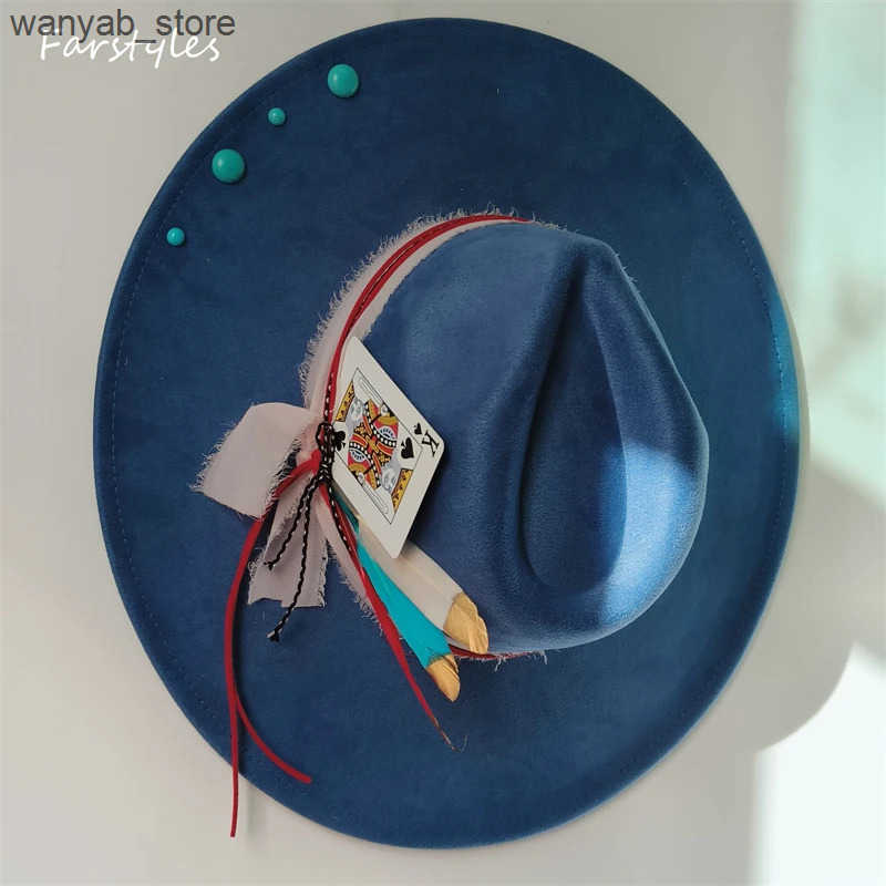 Wide Brim Hats Bucket Hats INS Wide Brim fedora hats Felt Suede hat turquoise Men women Feather accessory Fedoras DIY flat brim hat Jazz hat Top hats 