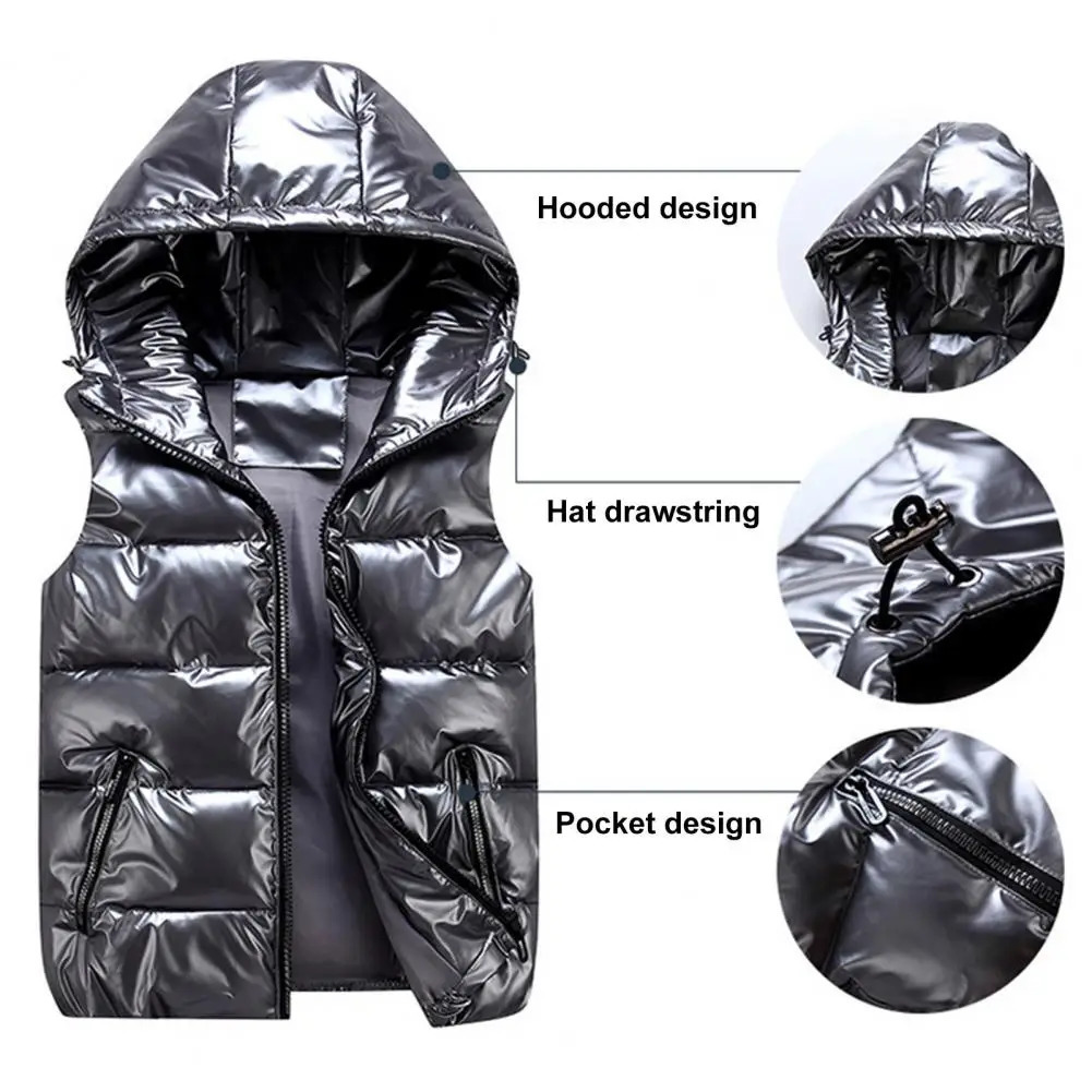 Warm Men Zippered Vest Mens Cotton Hooded Sleeveless Quilted with Zipper Placket Pockets Autumn Winter Solid Color Glossy 241129