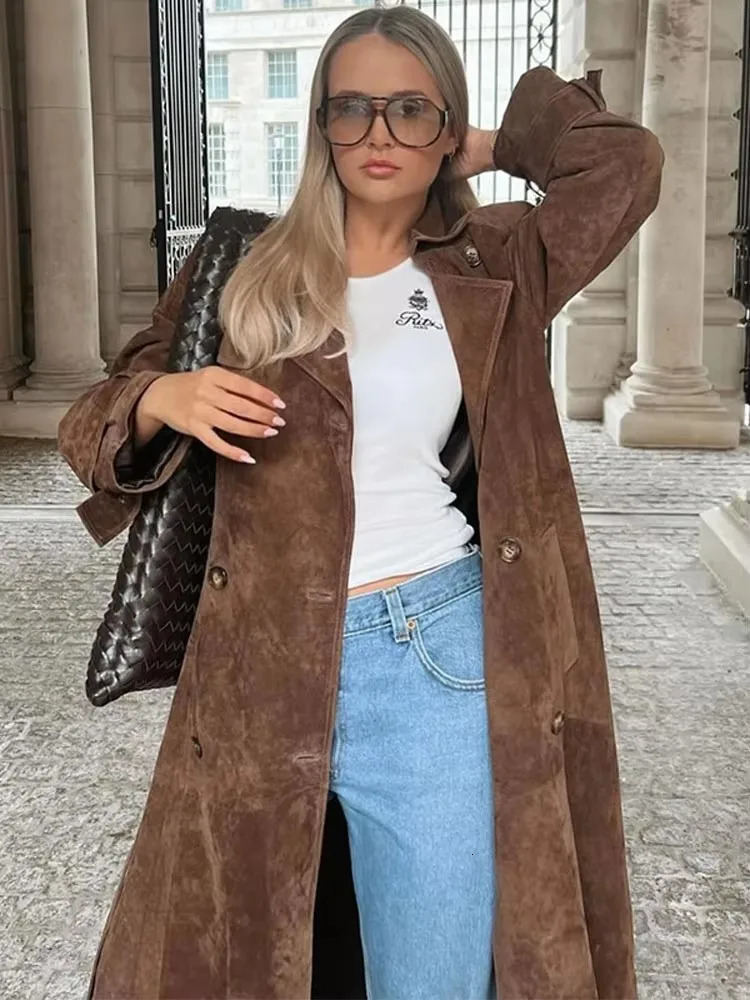 Fashion Brown Suede Leather Long Jacket Overcoat Women Button down Lapel Oversized Coat 2024 Lady Sleeve Winter Outerwears 241121