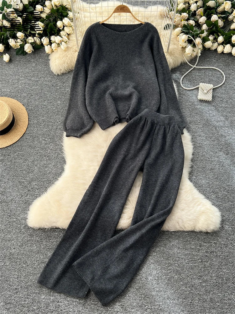 SINGREINY Autumn Winter Solid Two Pieces Suit Long Sleeve SweaterElastic Waist Pants Ladies Casual Loose 2pcs Sets 241129