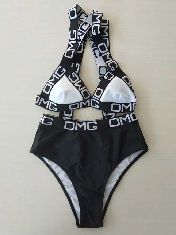 Women's Swimwear 2024 Neon womens swimsuit push up bikini swimsuit high waisted swimsuit OMG letter printed one-piece Monokini beach suit swimsui