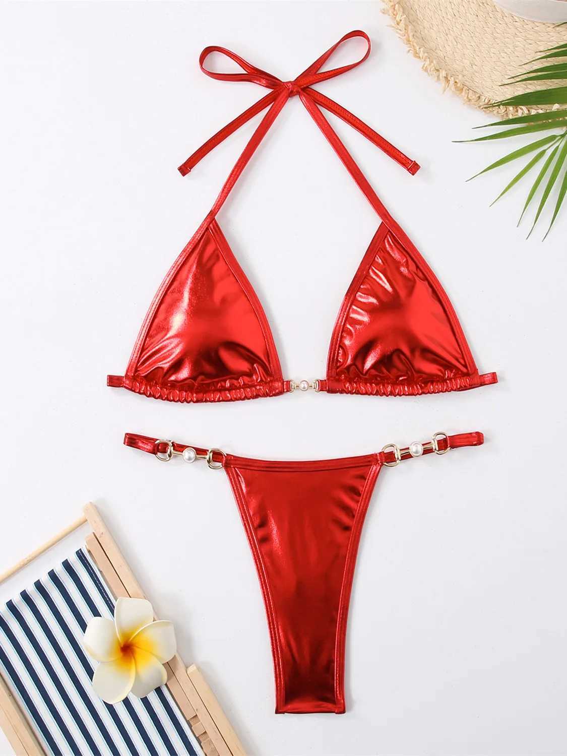 Women's Swimwear Sexy mini bikini swimsuit for women 2024 Brazil Brozing pure red and silver push up pearl thong swimsuit bikini swimsuit set H24