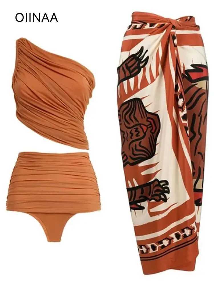 Women's Swimwear OIINAA swimsuit womens solid sexy single shoulder swimsuit suspender anti rust beach suit bikini set retro printed summer swimsu