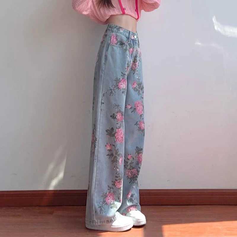 Women's Jeans Womens retro rose flower print chic Harajuku jeans Korean casual T-shirt denim high waist straight wide leg mens style H241130