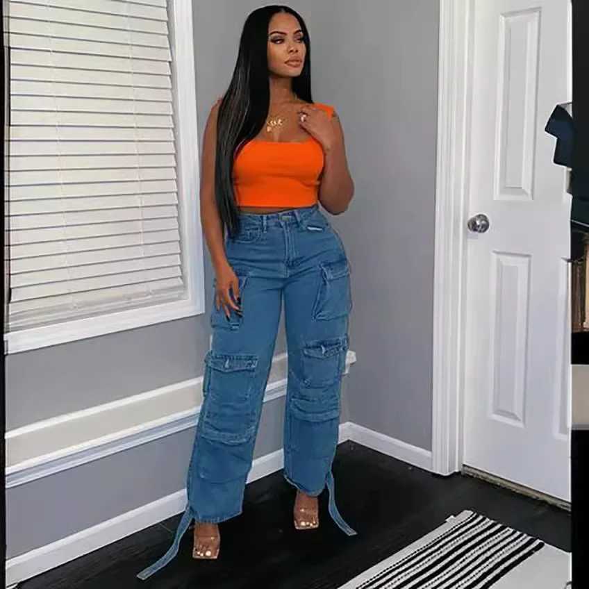 Women's Jeans Solid casual bags womens cargo pants young womens Trousers multi pocket fashionable retro womens high waisted wide pants H241130