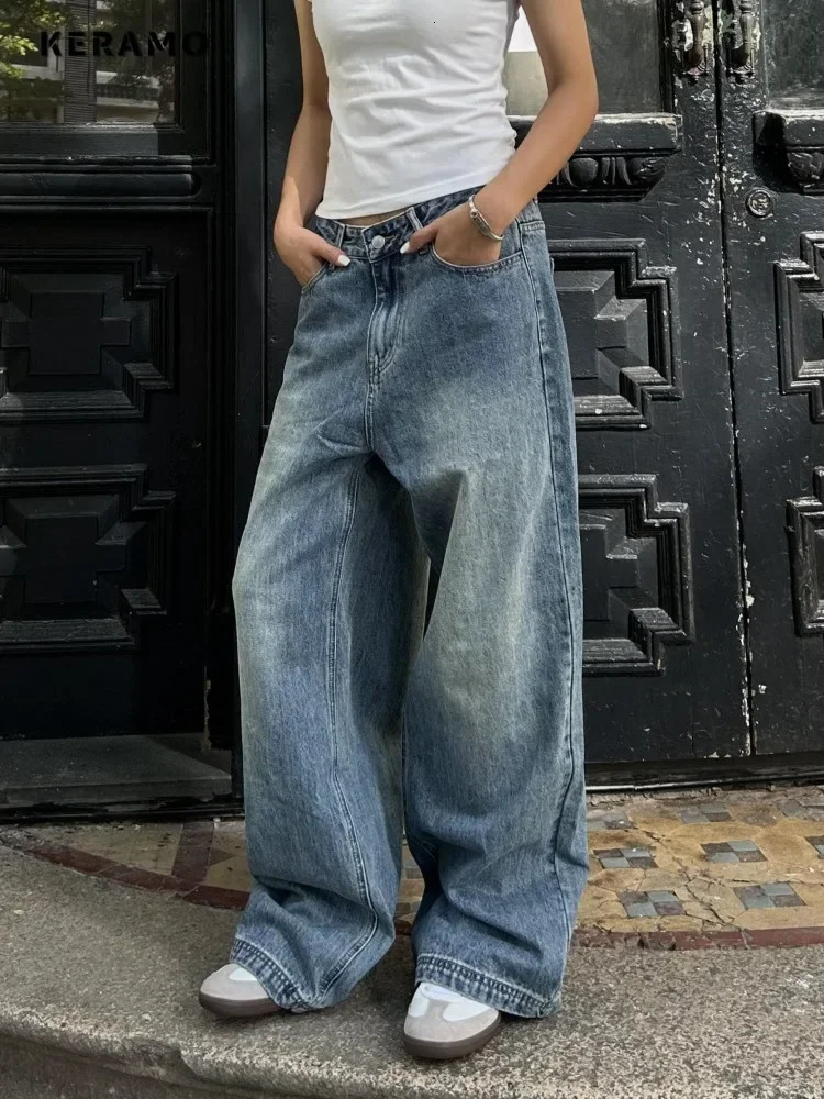 Vintage Aesthetic Emo Loose Washed Pants 2024 Summer Womens Casual Blue Harajuku Jeans Y2K Wide Leg Punk Baggy Denim Trouser 241121
