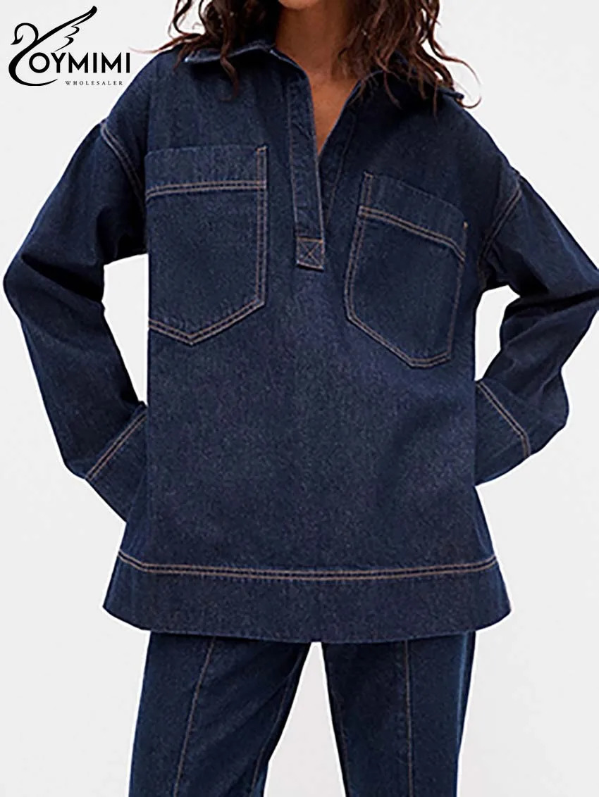 Oymimi Fashion Blue Denim Womens 2 Piece Outfit Set Elegant Long Sleeve Pockets Blouses And High Waisted Straight Trousers Sets 241129