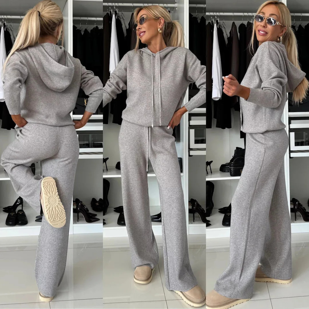 2025 Spring Autumn Womens Tracksuit Female Solid Color Hooded Longsleeved Tops Laceup Wideleg Pants Trouser Sets 241129