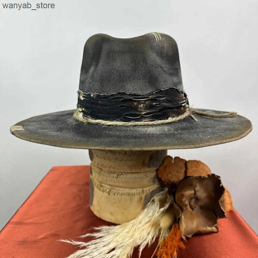 Wide Brim Hats Bucket Hats Ethnic style hats with worn out woven straps pure wool felt hats outdoor fashionable wool hats L240910