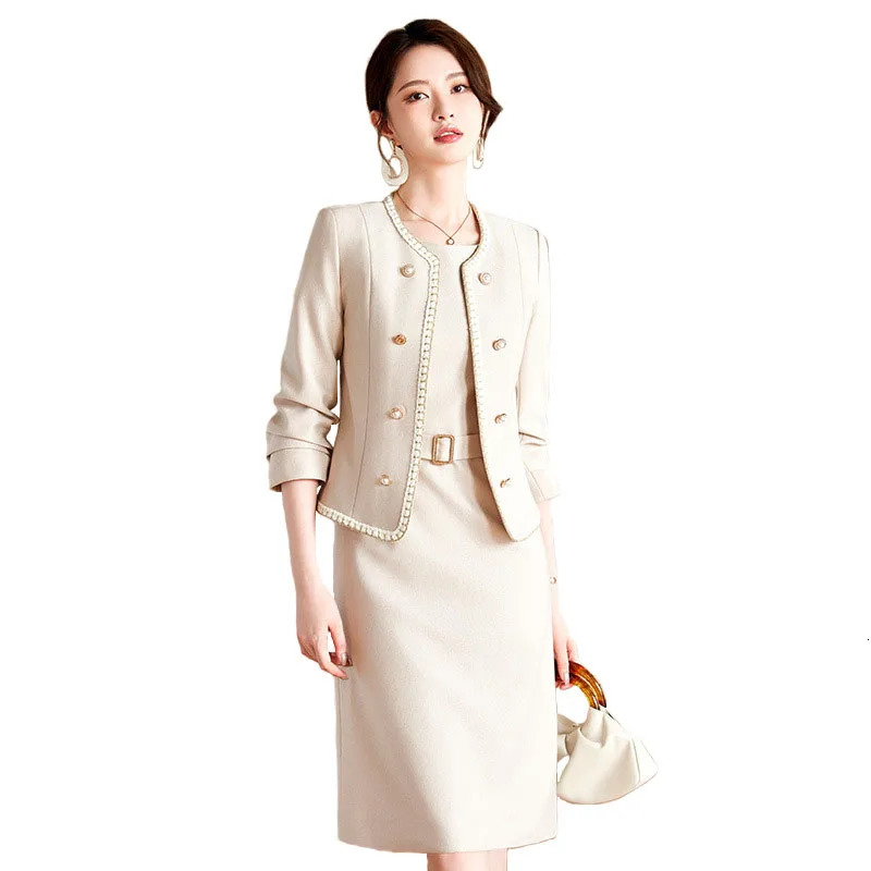 Autumn Winter Women Fashion Suits Apricot Pink Office Lady Long Sleeve Blazers Short Coat And Knee Length Dress Two Piece Sets 241129