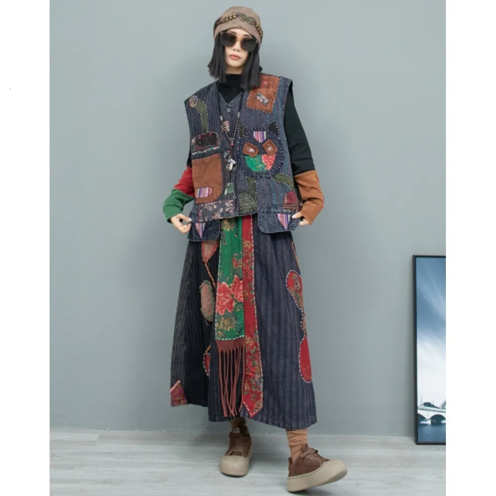 Hand Embroidered Double Layer Old Cloth Vest Skirt Two Piece Set Women Autumn Matching Dress LX2574 241129
