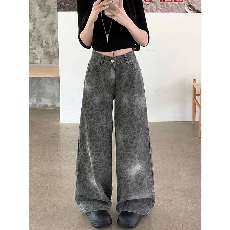 Vintage 90S Leopard Print Pantalon Femme Wide Leg Pants Women High Waist Straight Y2k Jeans Casual Fashion Korean Jean Trousers