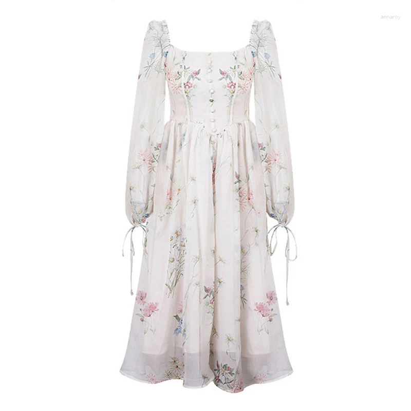 Casual Dresses 2024 Summer Korean Style Floral Evening Party Chiffon Long Sleeve Beach Midi Fairy Dress Vestidos De Ocasion Formales