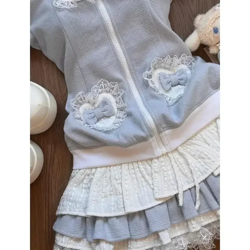 Autumn Fashion Patchwork Lace Japan Two Piece Sets Harajuku Sweet Constrast Color Cute Hoodies Y2k Aesthetic Tiered Skirts 241129