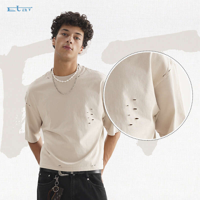 Men's Clothing, American Street Fashion, Retro, Worn Out, Solid Color, Men's T-Shirt, High-Quality, Heavyweight, 100% Cotton, And Wide, Shor