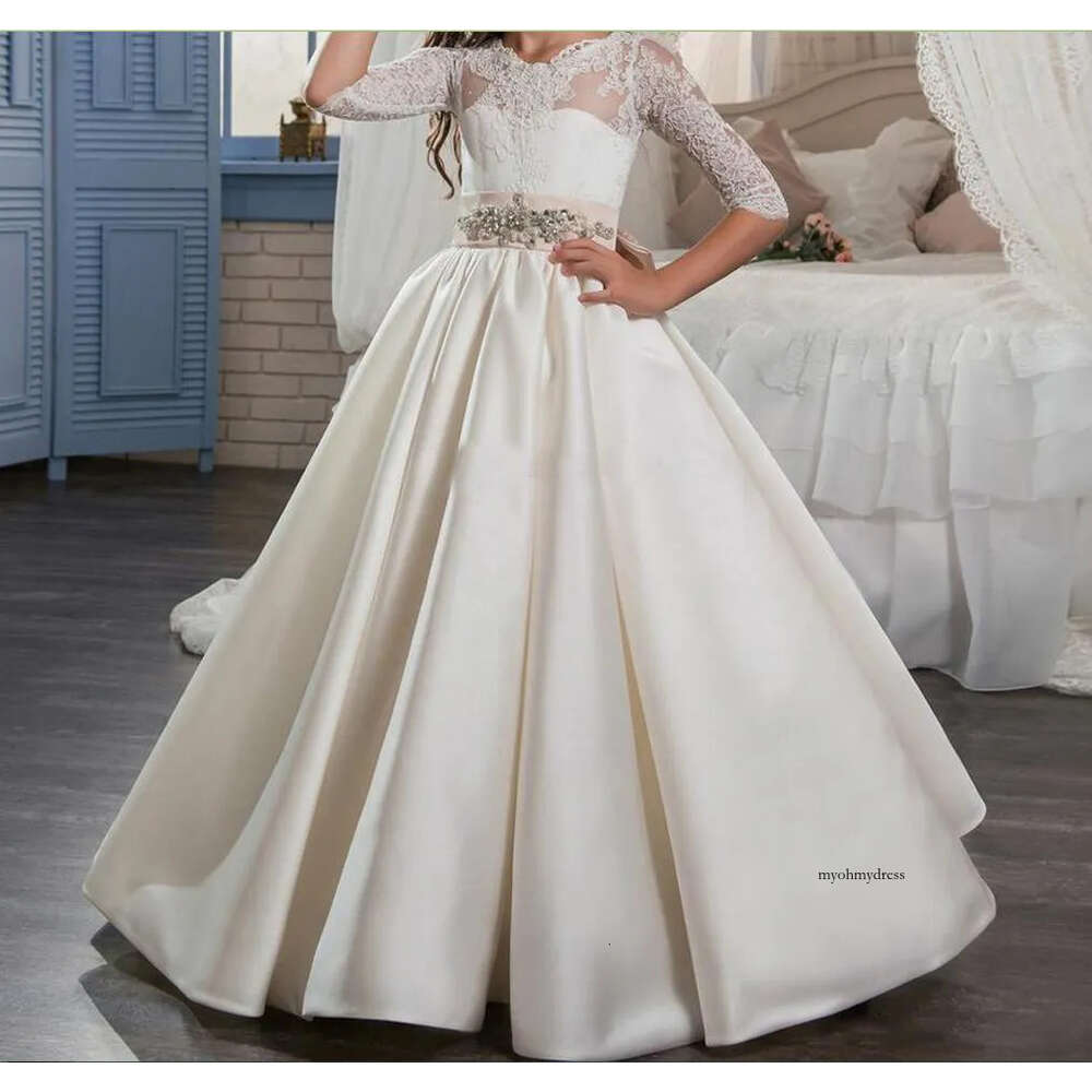 Half Sleees Flower Dresses For Weddings Jewel Neck Lace Crystals Satin Kids Pageant Girls Formal Party Wedding Dress 0431