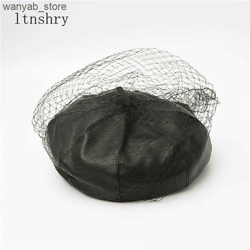 Berets 2022 New spring summer Black Hat Chic Leather French Beret With Veil Mesh Show Double Layer Women Beret Beanies Cap L240910