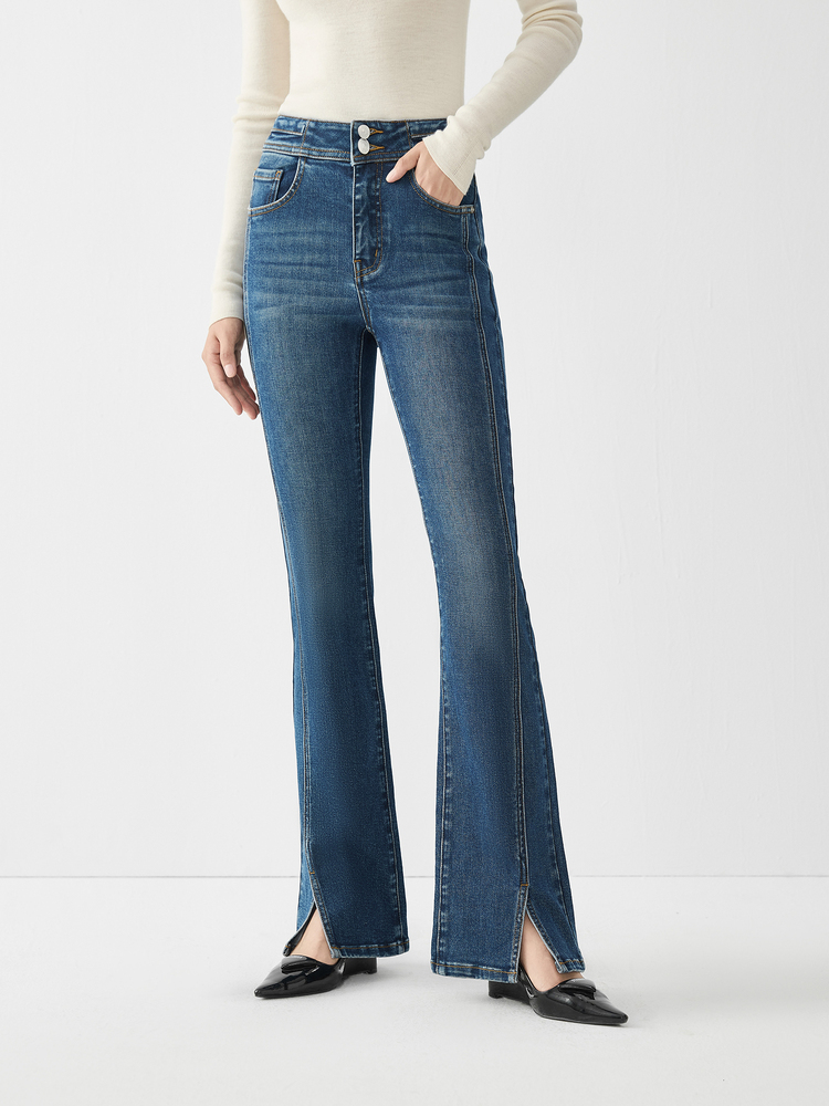 Cotton High Waist Flared Pants For Women Winter New Design Style Split Versatile Jeans Chic Trouser 24Fs14496