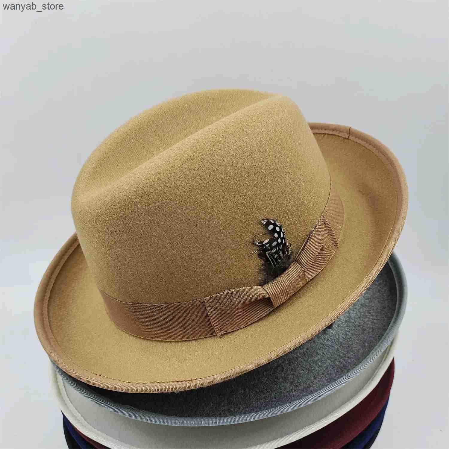Wide Brim Hats Bucket New High Quality Man Fedora Unisex Gentleman Round Top Cap Cosplay Feather Accessories Derby Bowler Hat British Shape L240910