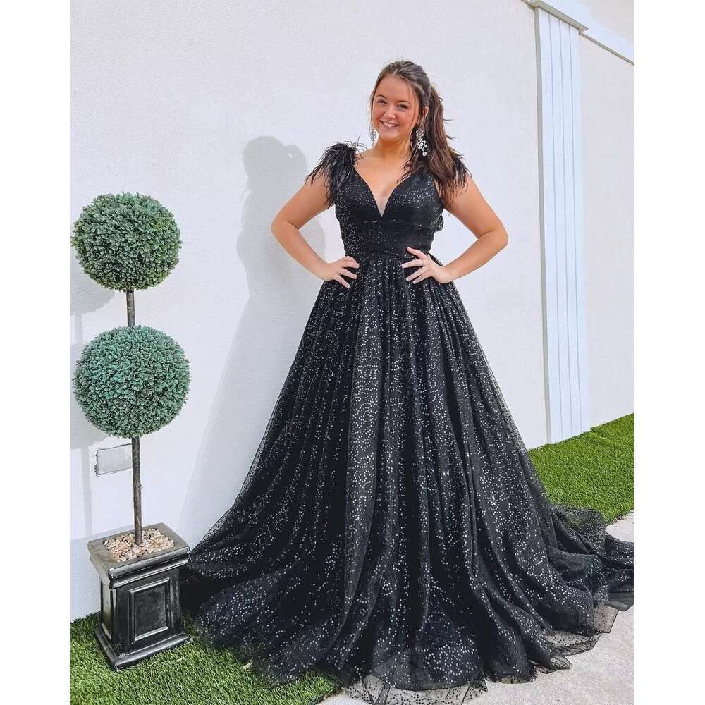 Sequin V Neck Prom Dresses Feather Ball Gown for Women Tulle Formal Evening Party Gowns prom AMZ s
