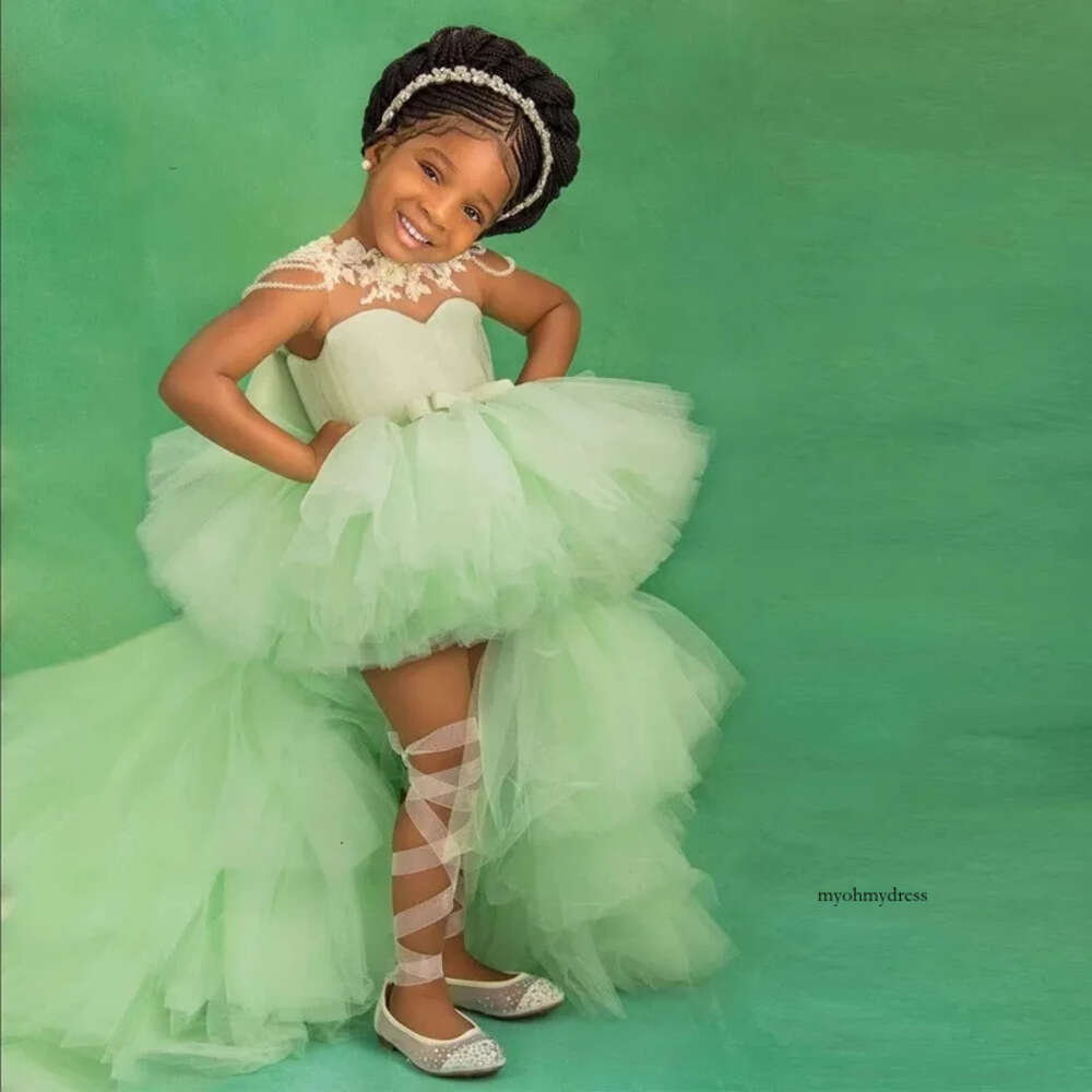 Green Front Short Back Long Little Dresses For Wedding O Neck Lace Appliques Beading Layered Skirt Kids Dress 0431