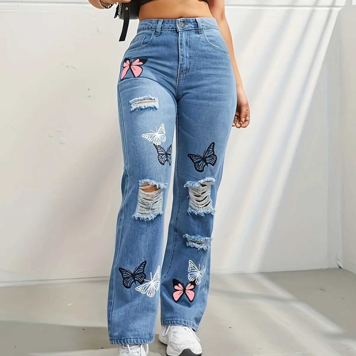 Women's Jeans Butterfly print denim Trouser womens hole denim straight pants high waist loose fit suitable for retro 2024 casual tight denim H241