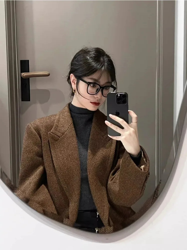 Coffee Colored Herringbone Patterned Woolen Coat WomenS Autumn And Winter HighEnd Temperament Loose Suit Jacket 241121