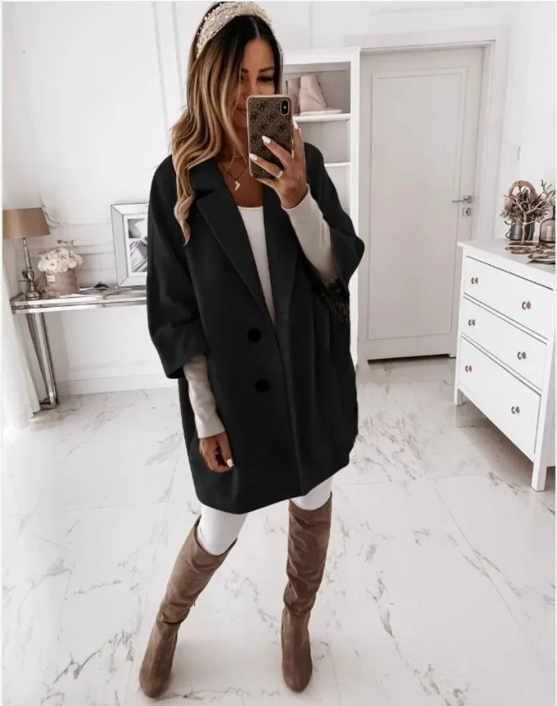 Autumn Winter Womens 34 Long Sleeve Button Lapel Pocket Woolen Warm Jacket Coat Solid Color Minimalist and Versatile 241121