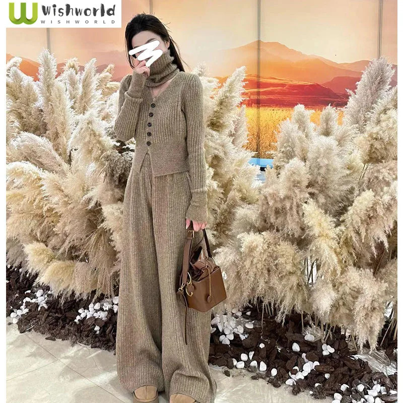 Stylish Temperament Set for Autumn and Winter Knitted Cardigan High Waisted Straight Leg Pants Scarf Casual Three Piece 241129