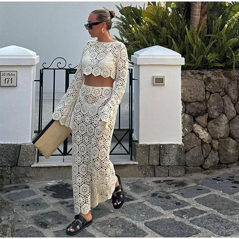 EINY Crochet Hook Knitted Hollow Out Skirt Suit Women Long Sleeve Oneck Crop Top High Waist Skirts 2 Pics Summer Lady Beachwear 241129