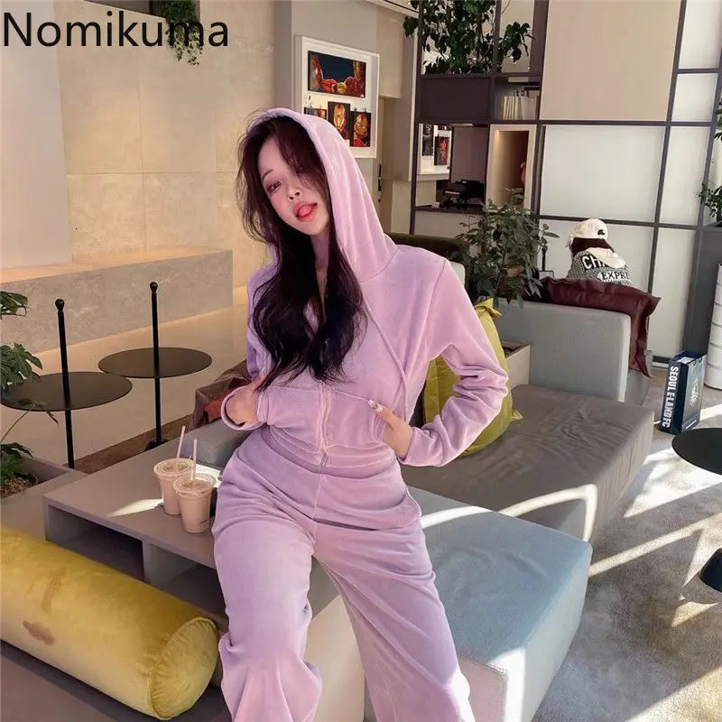 Two Piece Sets Outfits Hooded Zipper Crop Jackets High Waist Straight Wide Leg Pants Suit Casual Fashion Velvet Y2k Set 241129