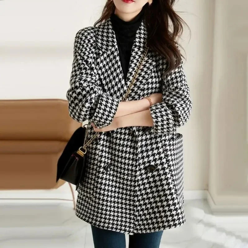 Plaid Women Wool Blends Coats Autumn Winter Overcoat Korean Fashion Mid Length Jacket Loose Lapel Outerwear Topcoat 241121