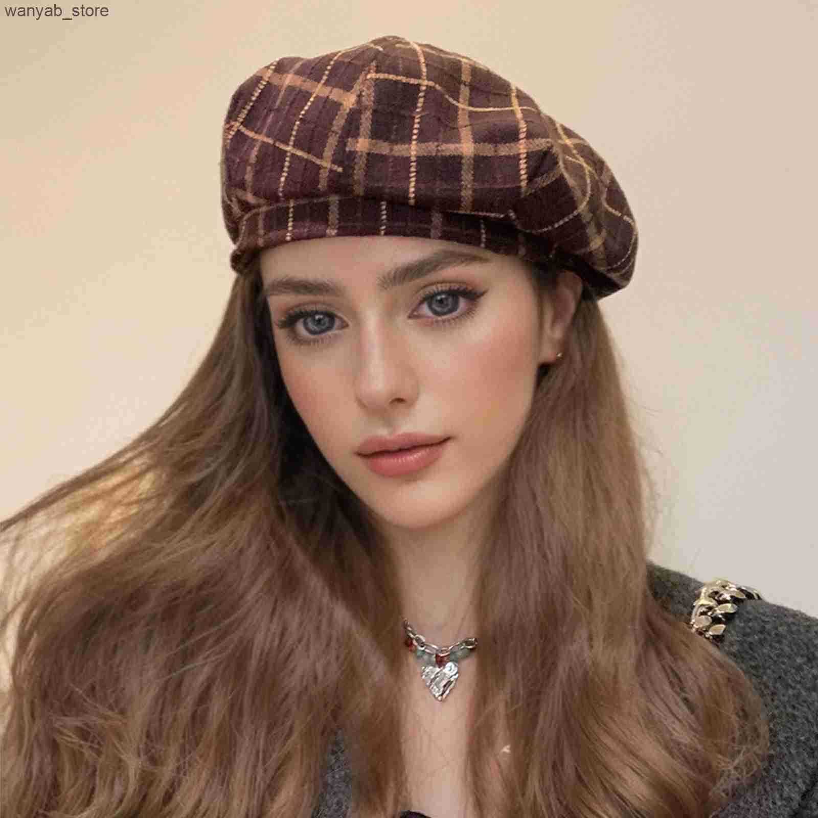 Berets Plaid Beanies Beret Retro Photography Flower Bonnets Masquerade Fascinator Hat Fashion Caps Female Modern Winter Hat for Ladies L240910