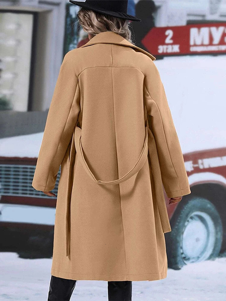 Loose Wool Overcoat Laple DoubleBreasted With Belted Long Sleeve Female Trench Coat 2024 Autumn Winter Lady Windbreaker 241129