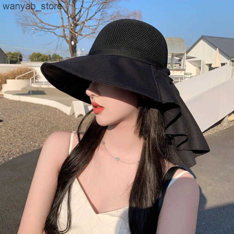 Wide Brim Hats Bucket Summer hat for womens outdoor tourism sun protection shading mesh shawl face bucket L240910