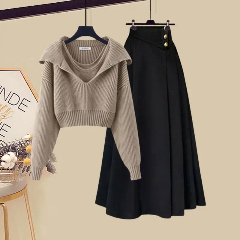 2024 AutumnWinter Korean Womens Set Fashion SweaterTank TopHigh Waist Skirt 3Piece Trendy 241129