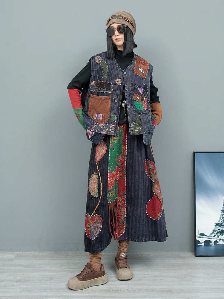 Hand Embroidered Double Layer Old Cloth Vest Skirt Two Piece Set Women Autumn Matching Dress LX2574 241129