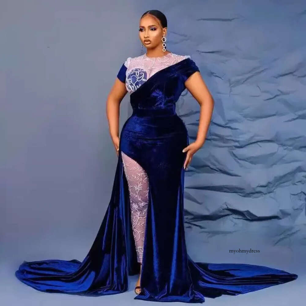 2022 Aracbi Style Blue Veet Side Split Evening Dresses Two Pieces Short Sleeve Special Ocn Gowns Plus Size Illusion Pants Womens Prom Gown 0431