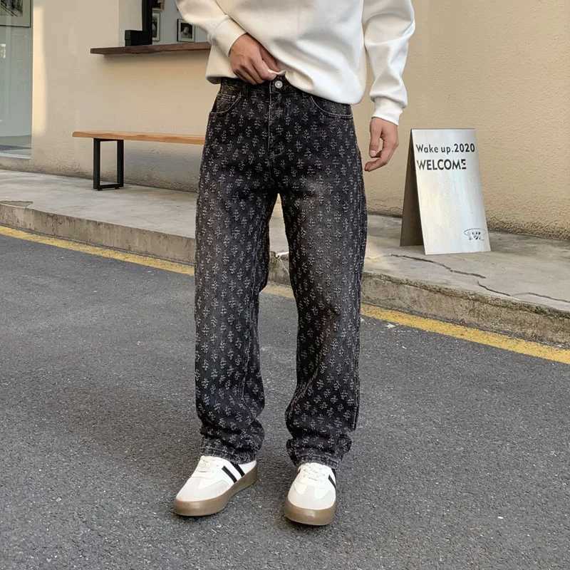 Women's Jeans Jacquard pattern straight leg loose denim pants mens Fit Trousers Distressed Holes new retro mens pocket jeans H241130