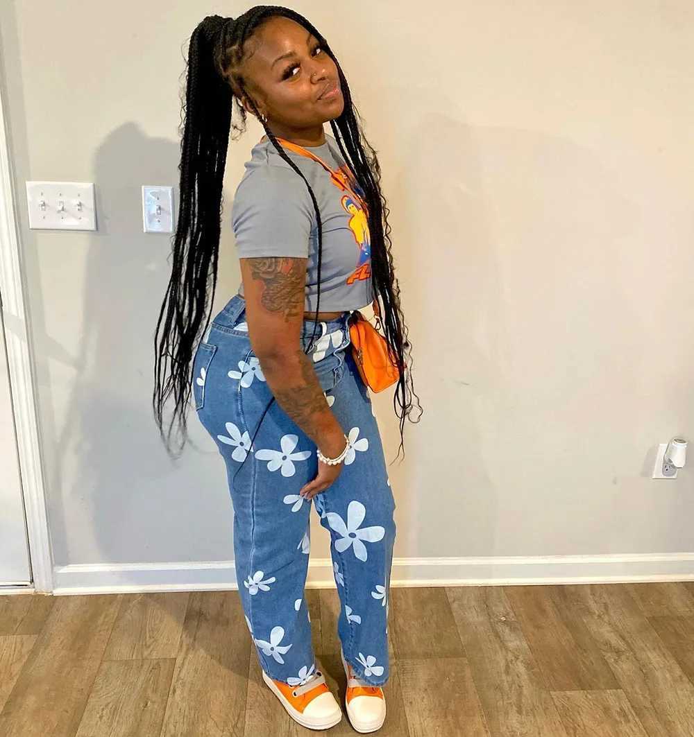 Women's Jeans High waisted washed vintage denim pants with floral print straight leg jeans for womens stretch pants straight wash Trouser H241130