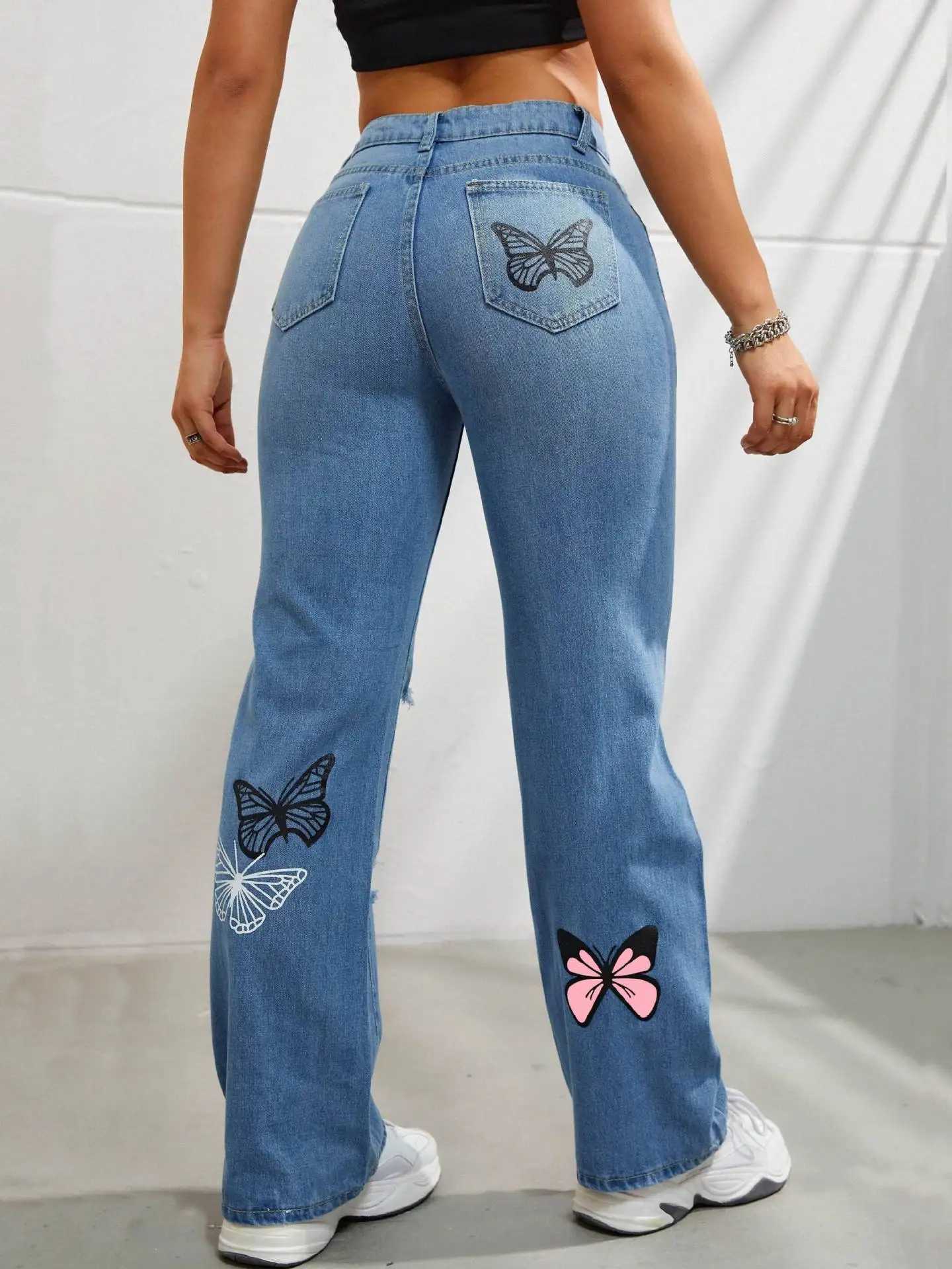 Women's Jeans Butterfly print denim Trouser womens hole denim straight pants high waist loose fit suitable for retro 2024 casual tight denim H241