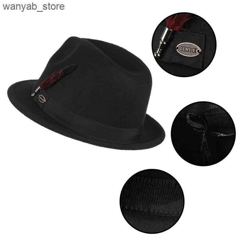 Wide Brim Hats Bucket Hats Vintage Black Felt Jazz Hats for Men Women Short Brim Gentleman Soft Trilby Fedora Hat with Feather L240910