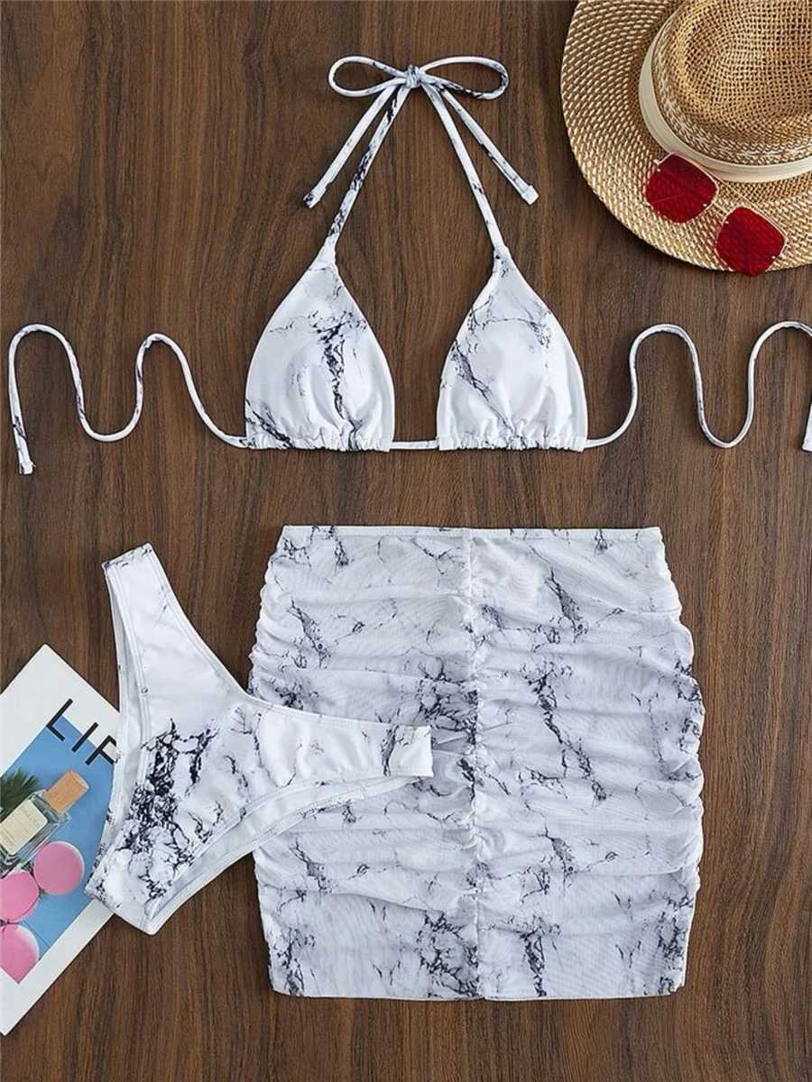 Women's Swimwear 3-piece thong bikini set bathroom set with leather and marble texture womens swimsuit set H241130