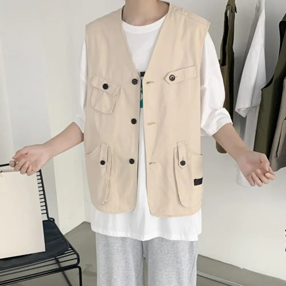 Sports Vest Mens Collarless Sleeveless Cargo Waistcoat with Multi Pockets Solid Color Outdoor Coat for Casual Style 241129