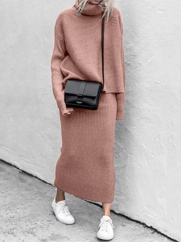 Solid Color Knitted Skirts Two Piece Set Women Winter Knitting Turtleneck Sweater Slim Skirt 2 Sets Lady Trendy Streetwear 241129